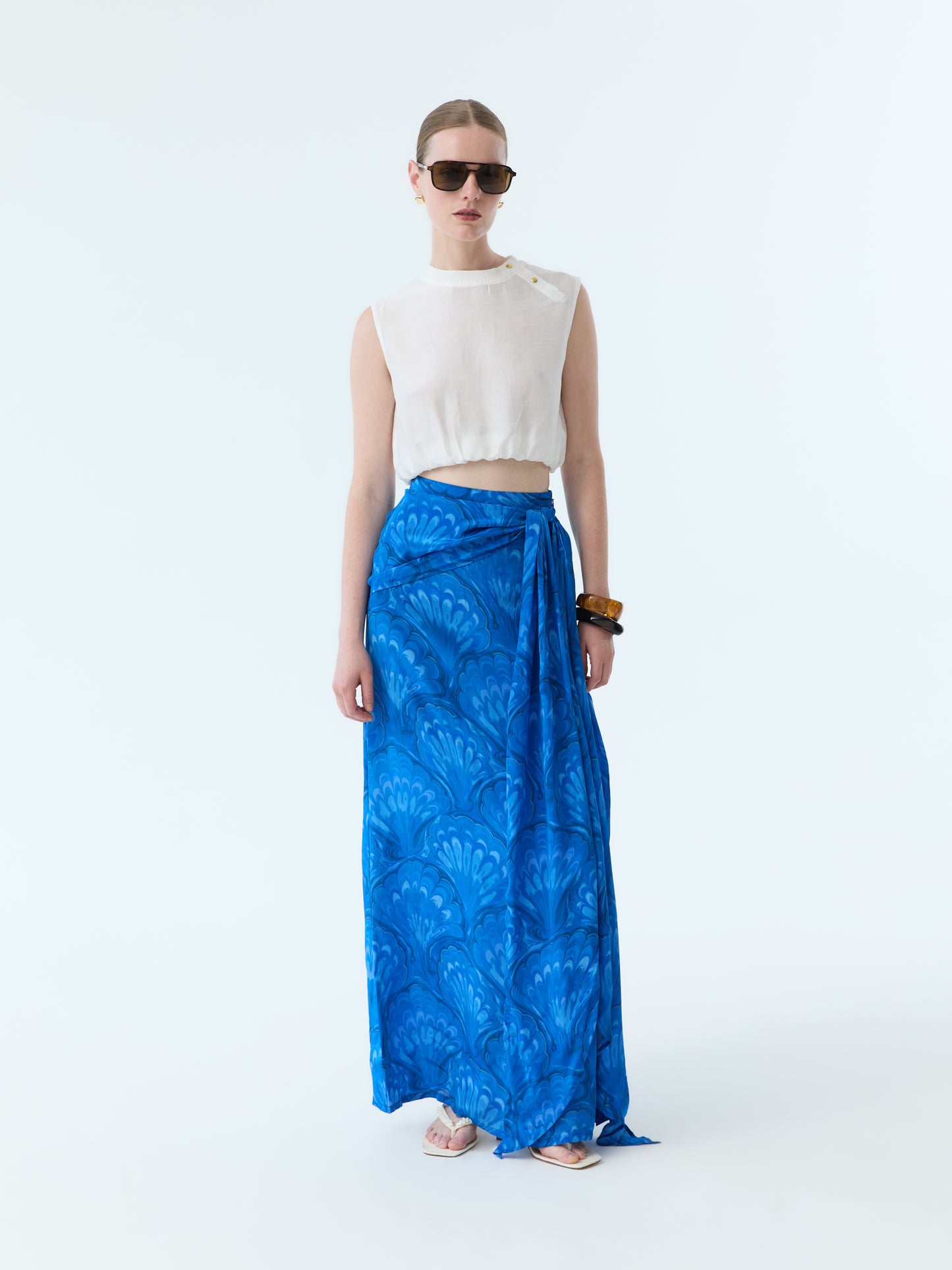 Marbleized Shell Bow Tie Maxi Skirt