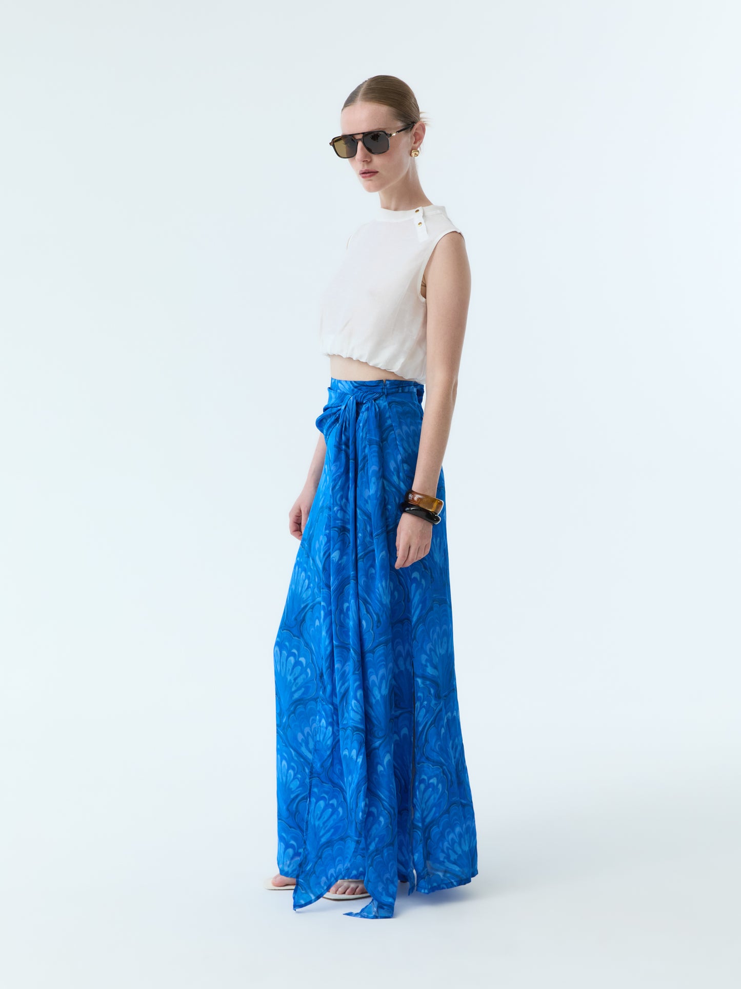 Marbleized Shell Bow Tie Maxi Skirt