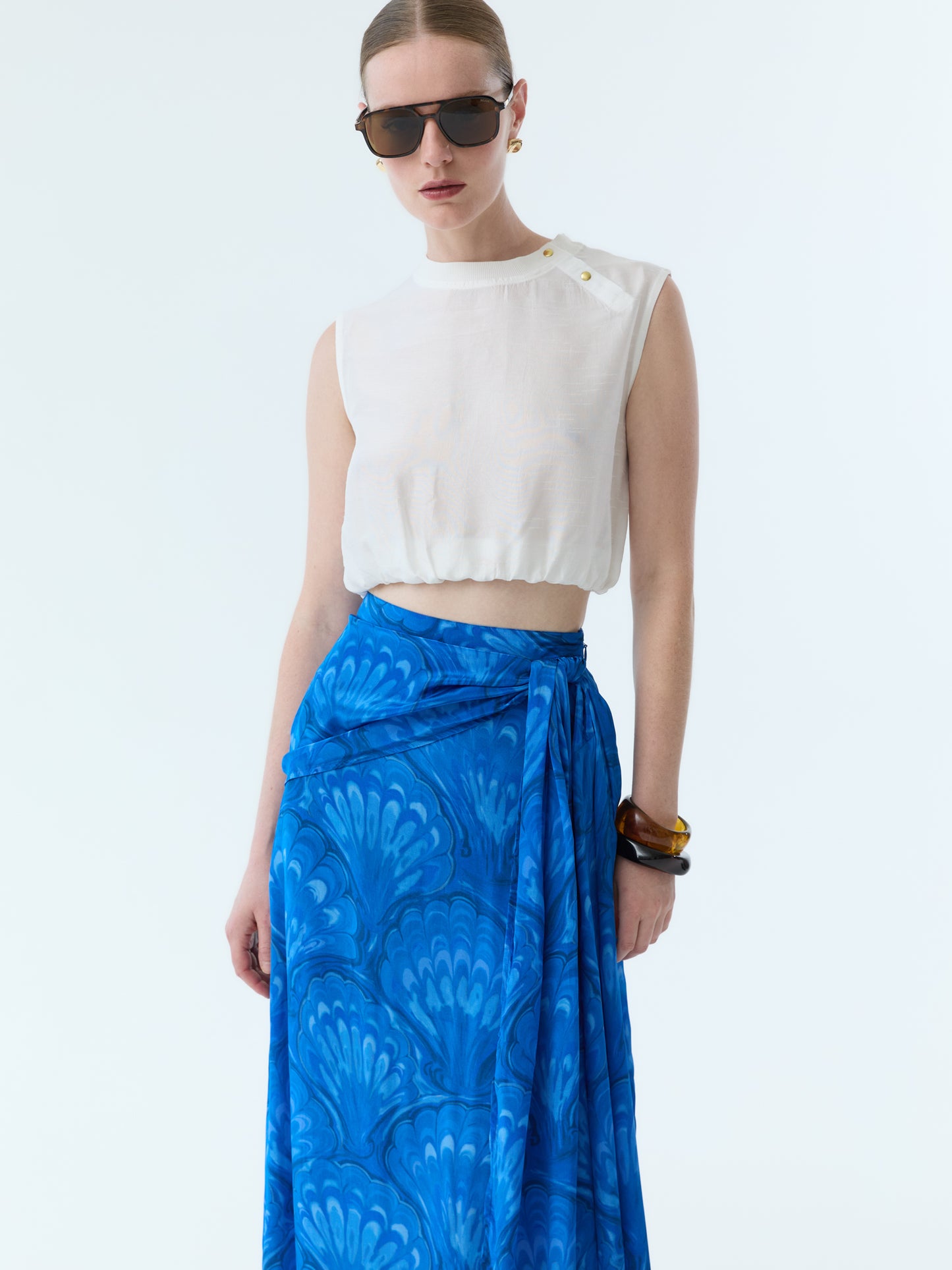 Marbleized Shell Bow Tie Maxi Skirt